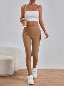 SHEIN Essnce Women'S Solid Color Leggings - Mocha Brown - View 5