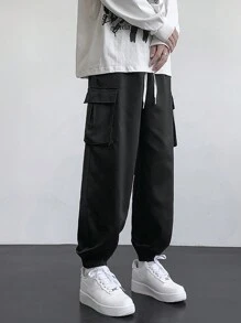 Men's Slogan Graphic Flap Pocket Side Drawstring Waist Cargo Pants, Autumn - Black - View 4