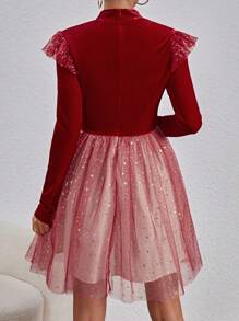 SHEIN Privé 天鵝絨和網眼材質立領長袖連身裙 - 紅色 - 查看 2