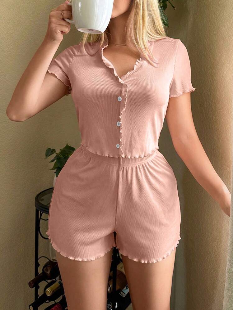 SHEIN レタスフリル トップス&ショーツ ルームウェアセット - ベビーピンク - 見る 5
