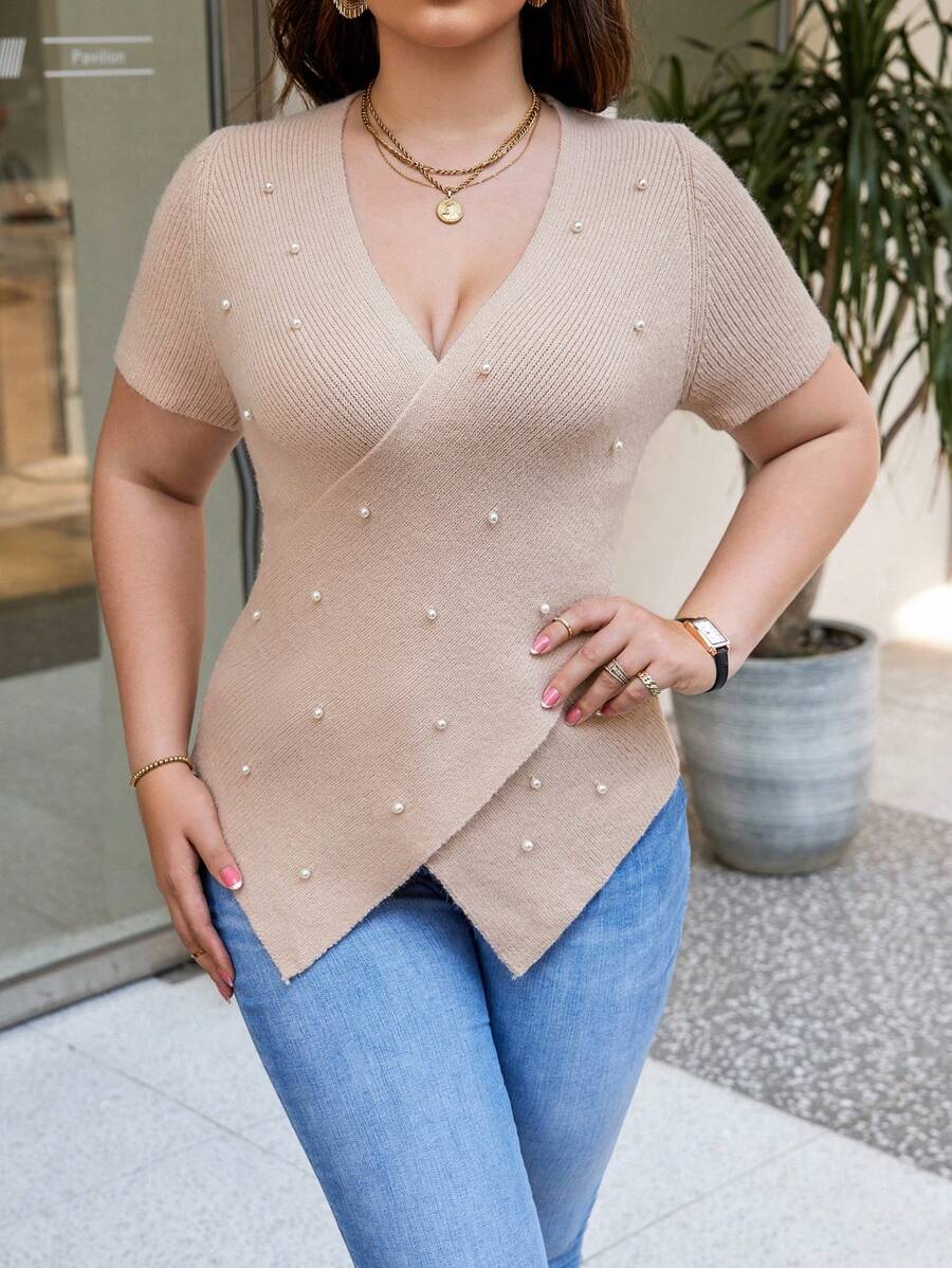 Celure Plus Size Women'S Knit Top With Pearl Embellishment - Apricot - View 1