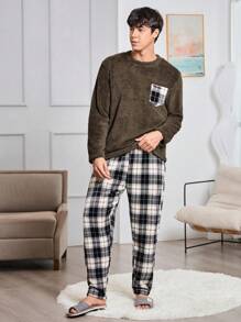 男士格紋補丁貼口袋法蘭絨睡衣套裝 - 彩色 - 查看 4