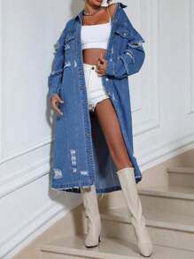 SHEIN BAE Women'S Long Denim Jacket With Distressed Details And Frayed Hem - Light Wash - View 5