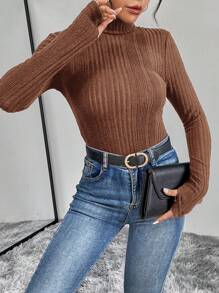 SHEIN Essnce Của phụ nữ Màu thuần Đồ đan Ribbed Cổ cao Lỗ ngón tay cái Áo thun - Cà phê nâu - Xem 3