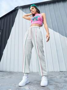 SHEIN Sports Women'S Drawstring Sports Pants With Color Block Stitching - Light Grey - View 6