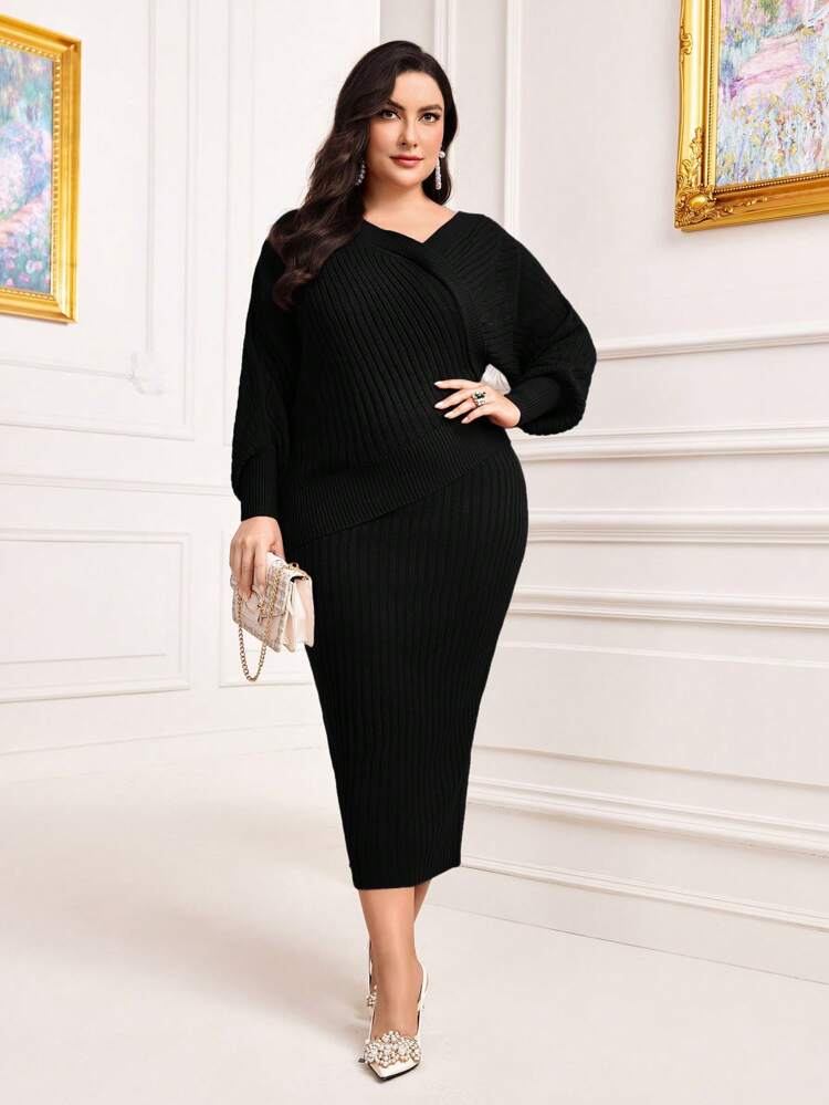 Plus Size Women'S Solid Color Sweater Set 2 Piece Set