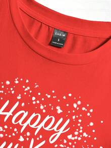 SHEIN Qutie 女裝寬鬆短袖T恤，印有新年口號印花 - 紅色 - 查看 4
