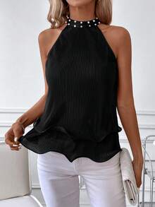 SHEIN Clasi Của phụ nữ Giả ngọc trai Trang trí Nếp uốn Vòng cổ Halter Neck Áo sơ mi - Hồng - Xem 6