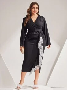 Modelyn Plus Size Women'S Wrap Fringe Trim Dress - Black - View 6