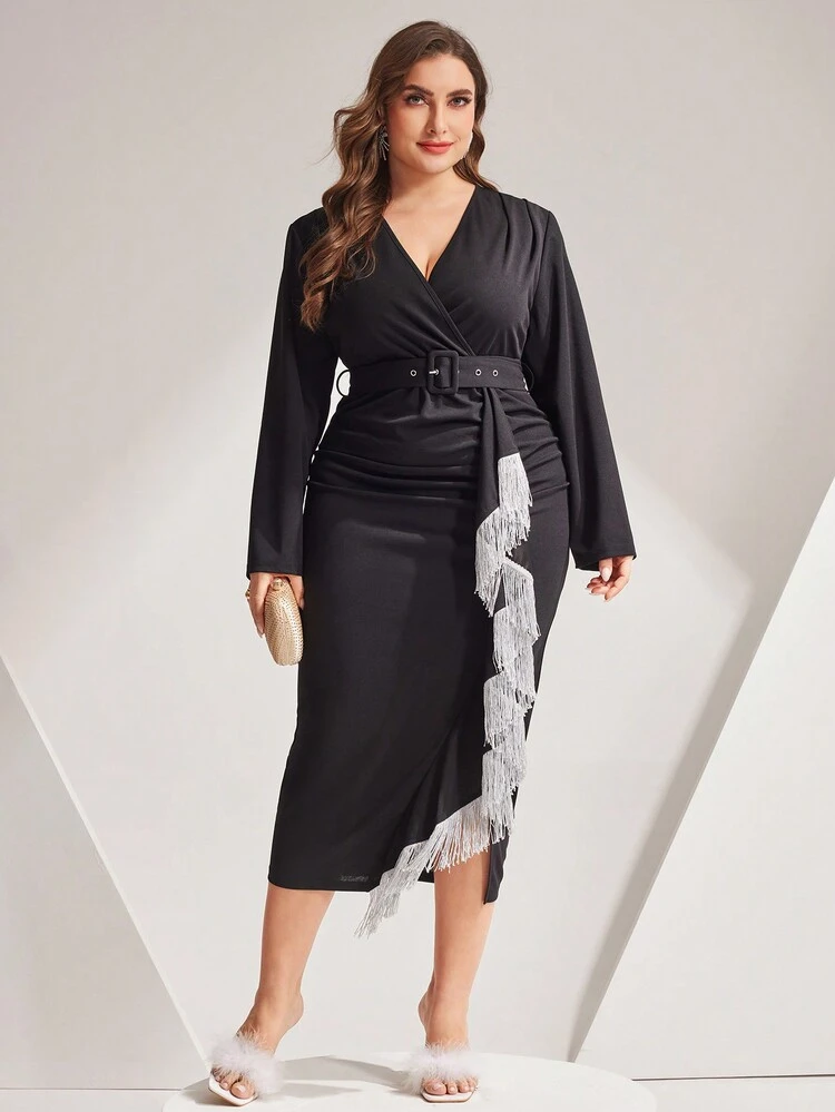 Plus Size Women'S Wrap Fringe Trim Dress