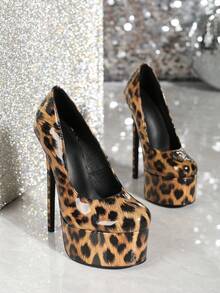 女士高跟鞋豹纹拼接彩色防水台低帮时尚单鞋 - 彩色 - 查看 3