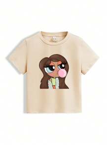 Tay Mills 年轻女孩卡通艺术家女孩印花短袖 T 恤，夏季图案 T 恤，95% 纯棉，节日、度假、春季、伊比沙岛风格 - 杏色 - 查看 1