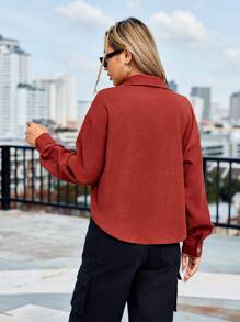 Flirla 女單排扣落肩長袖大衣 - 棕色 - 查看 2