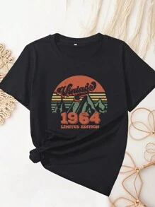 SHEIN LUNE 女士短袖1964印花t卹,適用於春夏季節 - 黑色 - 查看 1