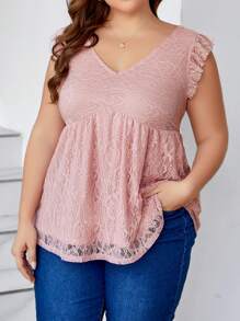 SHEIN Clasi Plus Size V-Neck Ruffle Hem Decorated Lace Elegant Blouse