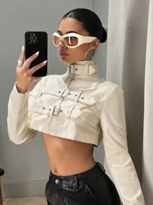 SHEIN ICON 女式短立领 PU 皮革上衣配腰带装饰，女士休闲纽扣、口袋、拉链常规袖常规版型米色纯色女式夹克，春季/秋季，休闲日常穿着 - 米色 - 查看 4