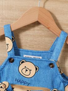 SHEIN Baby Boys' 1pc Cute Bear Denim Effect Jumpsuit