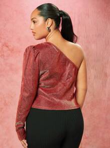 SHEIN BAE Plus Size One-Shoulder Glitter Bubble Sleeve Top - Green - View 3