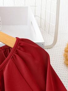 SHEIN LUNE 女士加大碼百褶長袖襯衫 - 酒紅色 - 查看 4