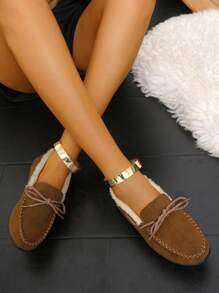 女士圆头蝴蝶结棕色保暖内衬保暖平底鞋（大码）出口 - 棕色 - 查看 5