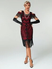 Women's Cold Shoulder Sequin Patchwork Tassel Party Dress Wedding Guest Cocktail Dress - Burgundy - View 3