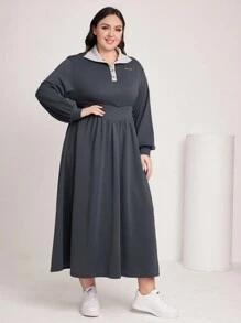 Mulvari 大尺碼女式落肩領連身裙,配適腰身 - 灰色 - 查看 3