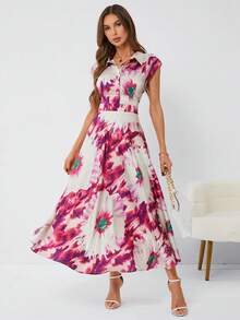 GENKIRA 女式大花紋印花洋裝,荷葉袖設計 - 玫紅色 - 查看 6