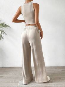 Chiquease 素色短款背心&闊腿褲 - 卡其色 - 查看 2