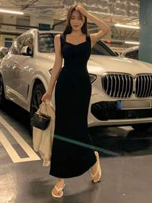 DAZY 女士纯色修身吊带连衣裙优雅夏日连衣裙鸡尾酒裙 - 黑色 - 查看 9