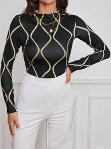 SHEIN Privé Của phụ nữ In Đứng Tay áo Áo thun - màu đen - Xem 5