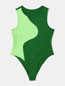 SHEIN EZwear 加大尺碼女士色塊條紋針織連體衣 - 綠色 - 查看 3