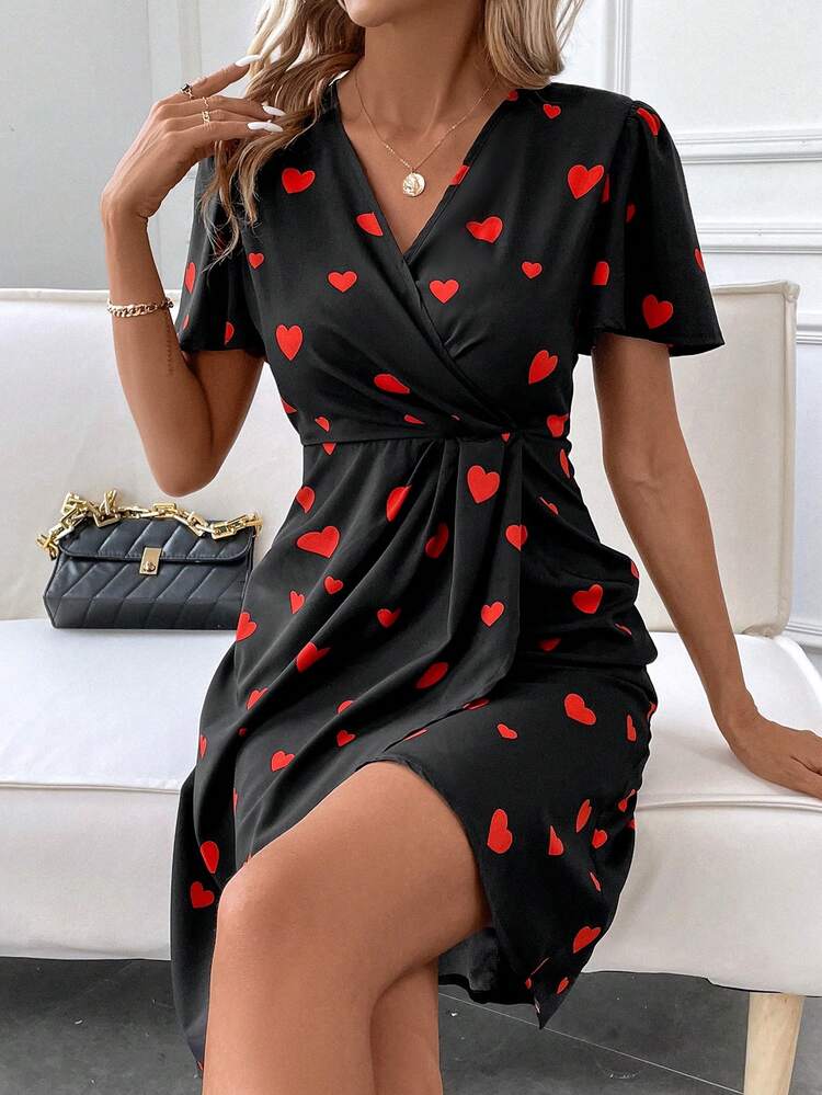 Ladies' Heart Pattern Wrap Neckline Dress
