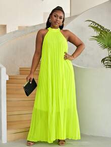 Astrid Women Plus Size Pleated Loose Sleeveless Dress - Lime Green - View 3