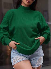 RueChic Plus Mock Neck Drop Shoulder Sweater - Green - View 5