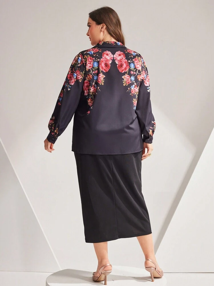 Women'S Plus Size Floral Print Lantern Sleeve Top And Skirt Set 2 Piece Set