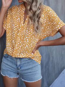 Blusa De Cuello Con Muescas Y Estampado Floral Para Mujeres - Amarillo - Ver 7