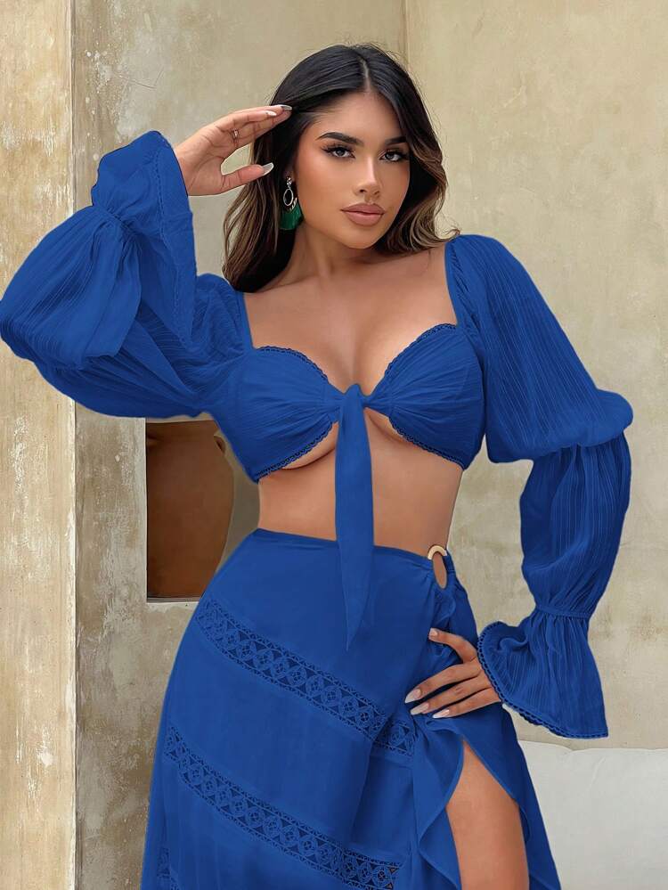 Cropped Knotted Front Top With Flared Sleeves