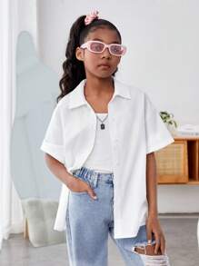 SHEIN 青少女休閒鬆身編織短袖衫,日常穿著 - 白色 - 查看 2