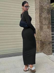 INAWLY Tay áo dài Váy bodycon - màu đen - Xem 2