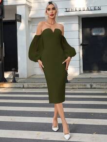 SHEIN Privé Women's Solid Color Off-Shoulder Lantern Sleeve Dress - Green - View 6