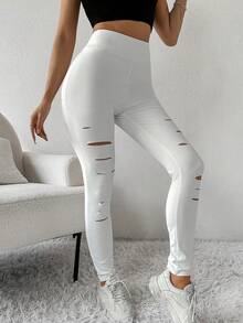 SHEIN Unity 女裝破洞修身褲襪 - 白色 - 查看 4