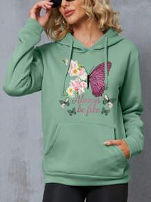 SHEIN LUNE Của phụ nữ Loại bướm In Áo nỉ có mũ - Màu xanh Bạc hà - Xem 1