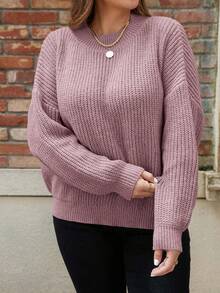 SHEIN LUNE 大尺碼女士下垂肩長袖套頭毛衣 - 粉色 - 查看 5