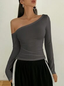 Dazy Star Áo thun cổ tròn trơn không đối xứng, quần áo dài tay cho nữ khi trở lại trường - Xám - Xem 4