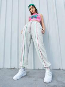 SHEIN Sports Women'S Drawstring Sports Pants With Color Block Stitching - Light Grey - View 1