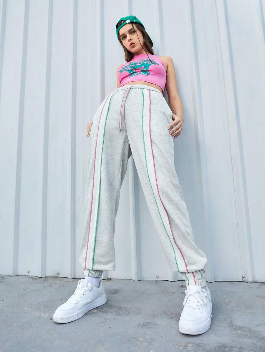 SHEIN Sports Women'S Drawstring Sports Pants With Color Block Stitching - Light Grey - View 1