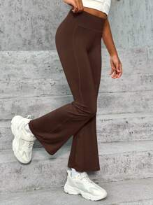 SHEIN Leap Crew Tween Girl 纯色高腰喇叭运动裤 - 棕色 - 查看 6