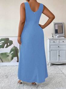 SHEIN Belle Plus Size Women's Sleeveless Dress With Faux Pearl Decor And High Slits - Baby Blue - View 2