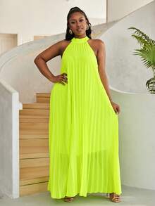 Astrid Women Plus Size Pleated Loose Sleeveless Dress - Lime Green - View 5