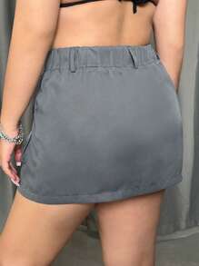 SHEIN ICON Plus Size Women's Low Waist A-Line Folded Cargo Skirt - Grey - View 4